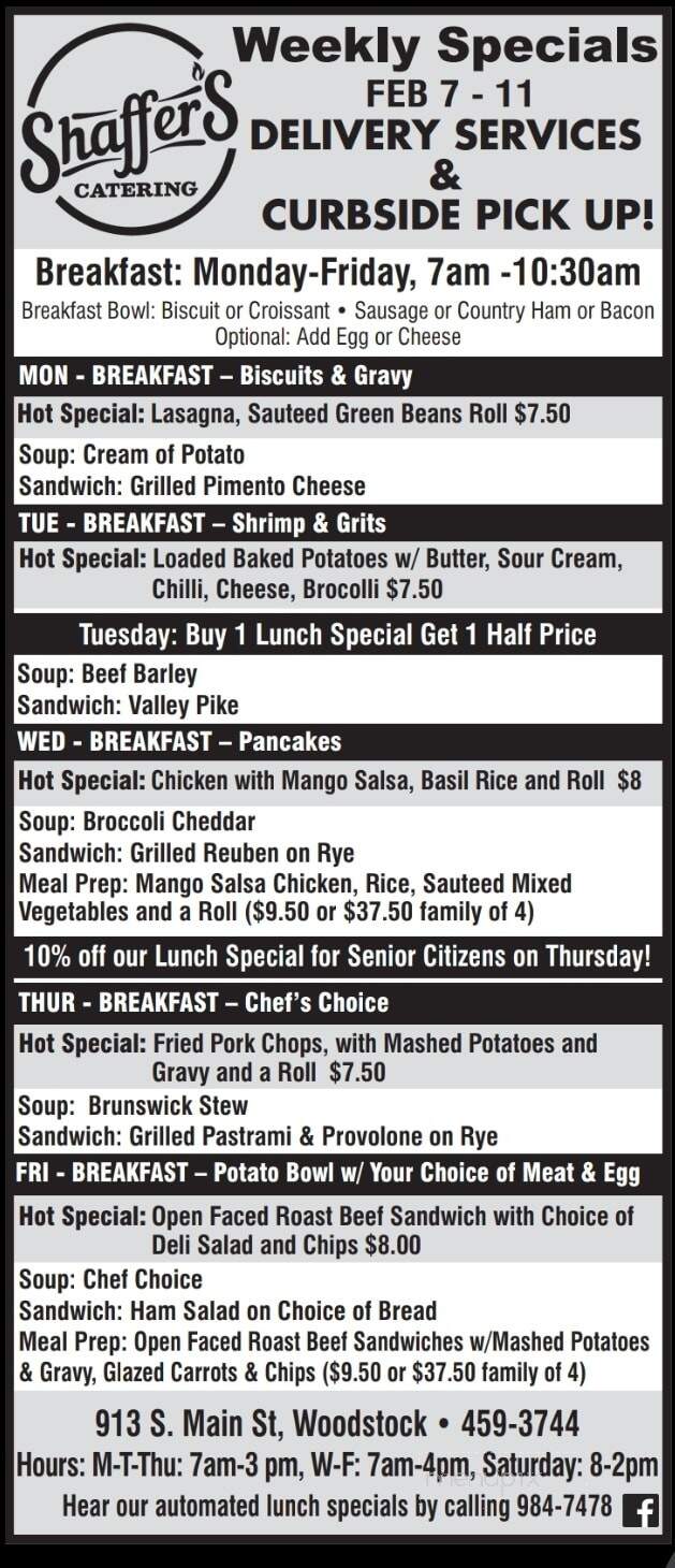 Shaffer's Barbecue and Catering - Woodstock, VA menu_pic