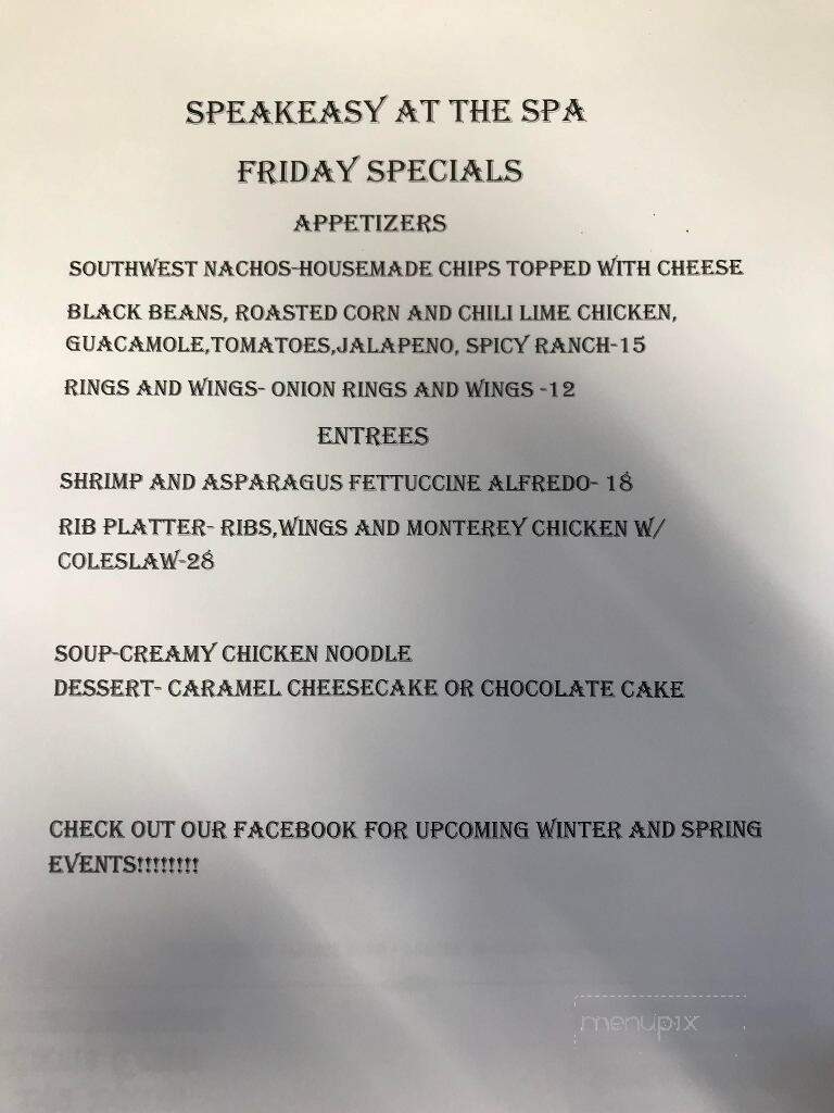Speakeasy at the Spa - Porter, IN menu_pic