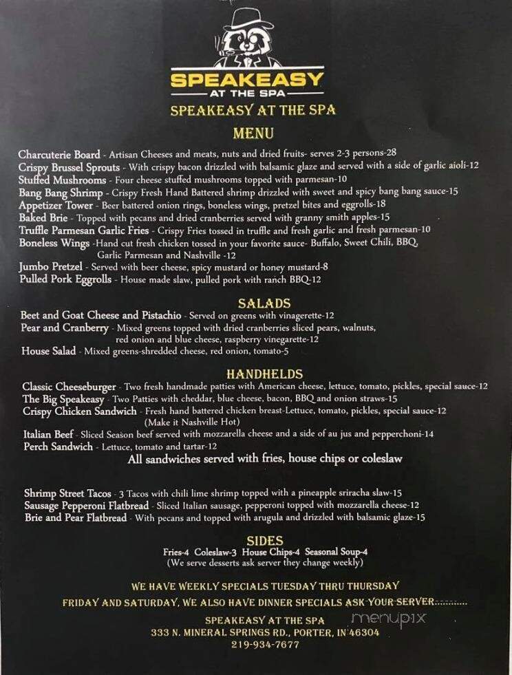 Speakeasy at the Spa - Porter, IN menu_pic