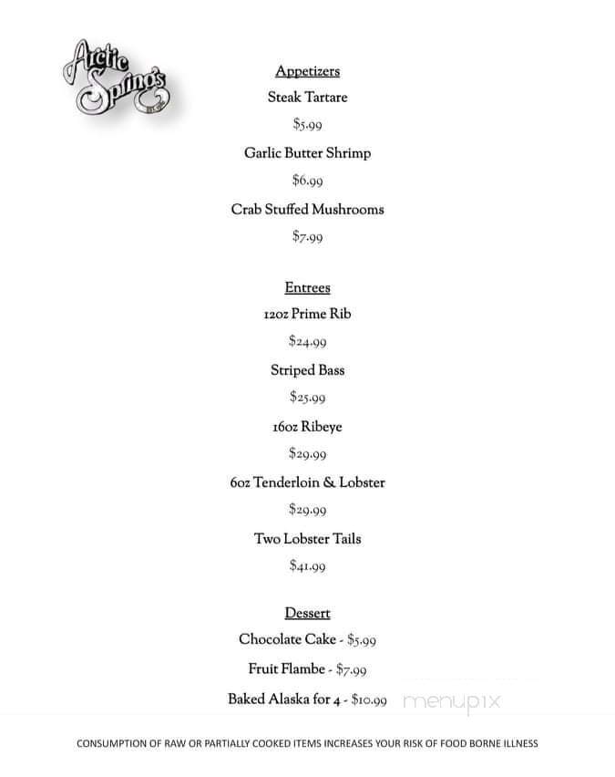 Arctic Springs Supper Club - Galesville, WI menu_pic