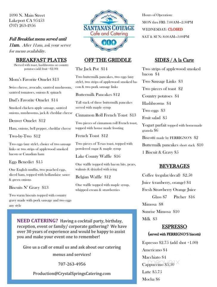 Santana's Cottage Cafe - Lakeport, CA menu_pic