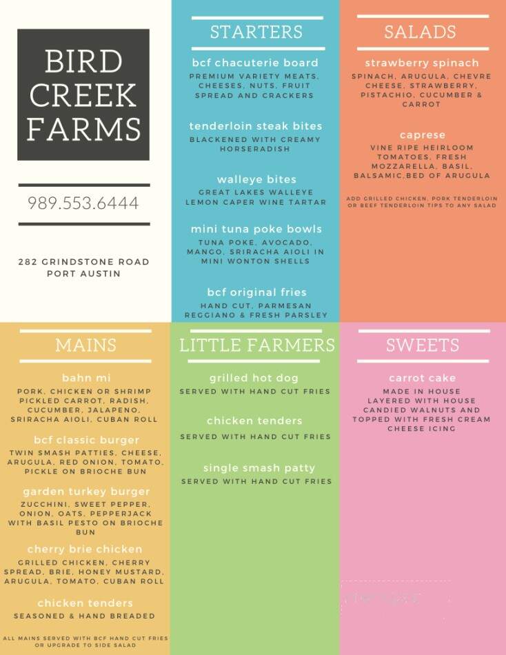 Bird Creek Farms - Port Austin, MI menu_pic