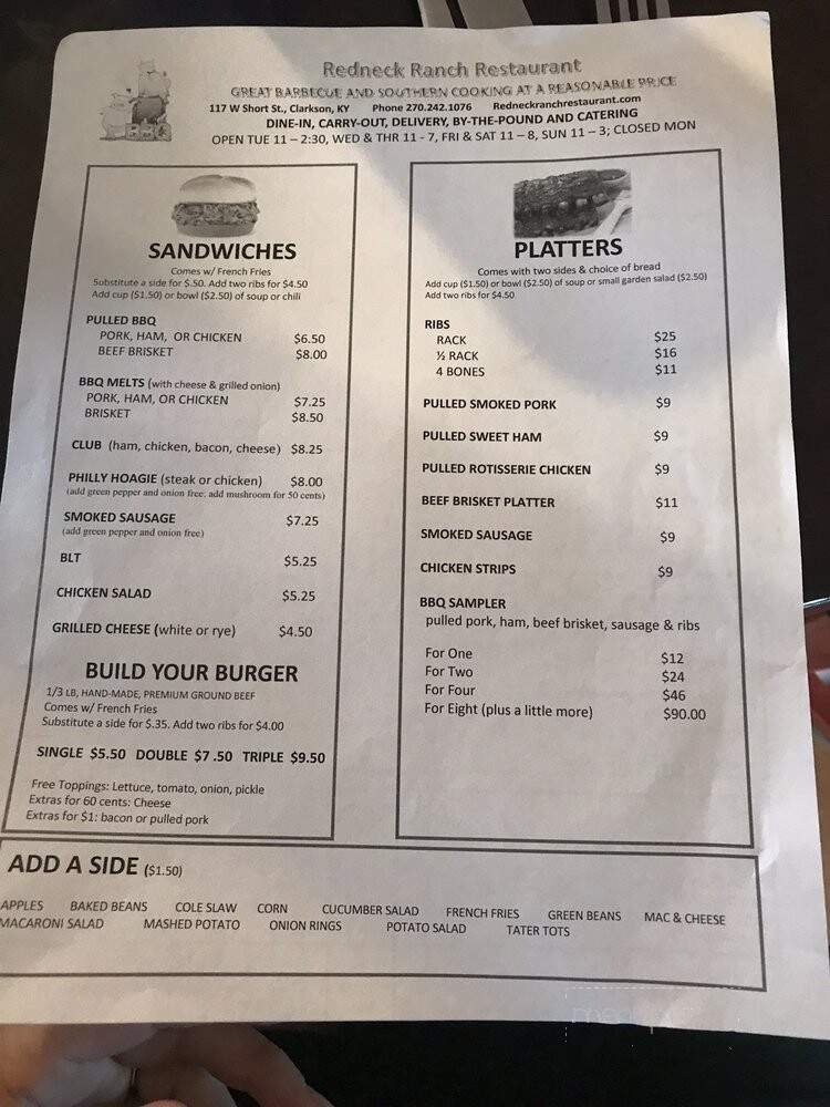 Redneck Ranch Restaurant - Clarkson, KY menu_pic