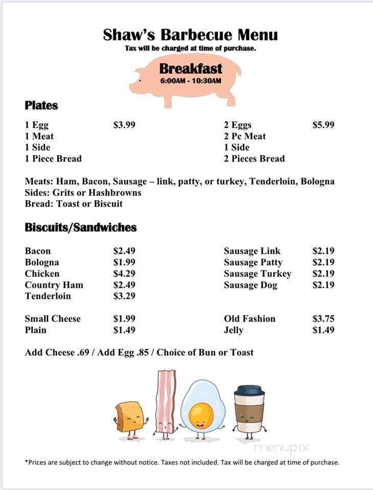 Shaw's Barbecue House - Williamston, NC menu_pic