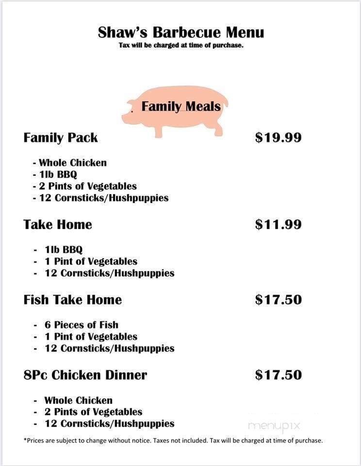 Shaw's Barbecue House - Williamston, NC menu_pic
