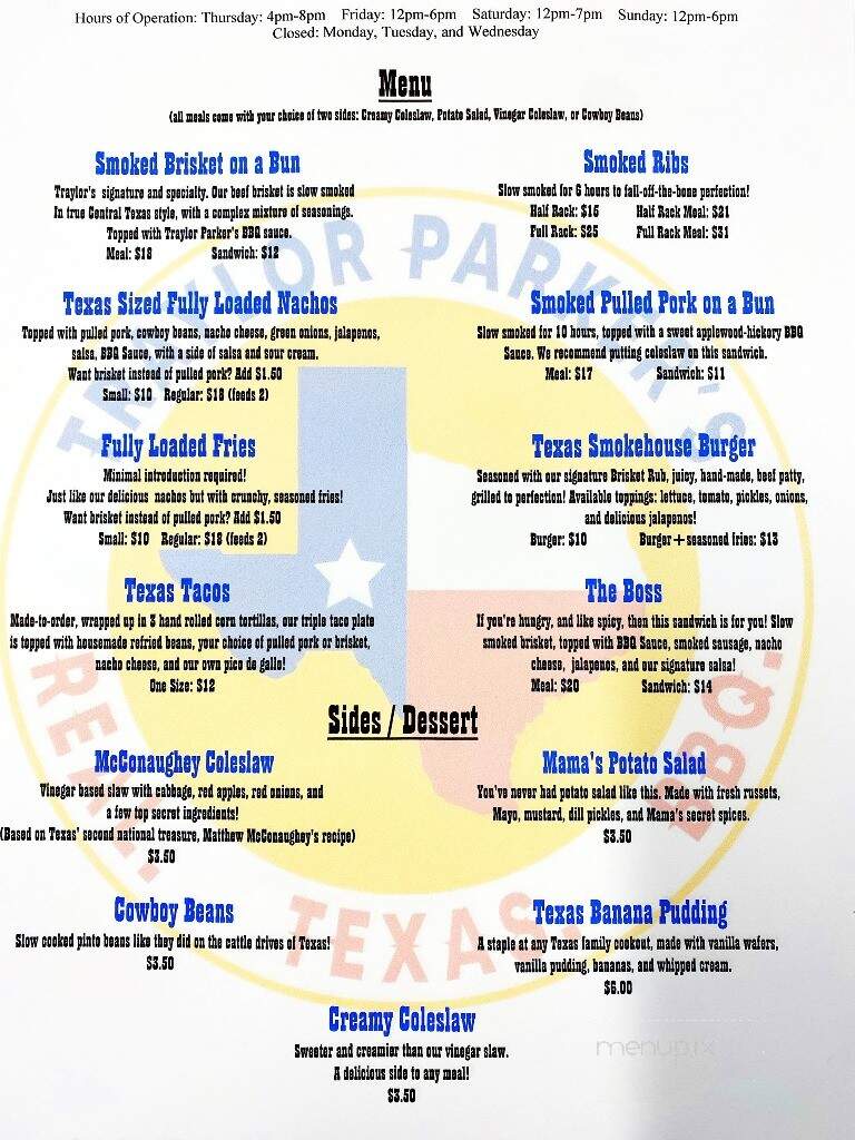 Traylor Parker's Real Texas BBQ - Charing Cross, ON menu_pic