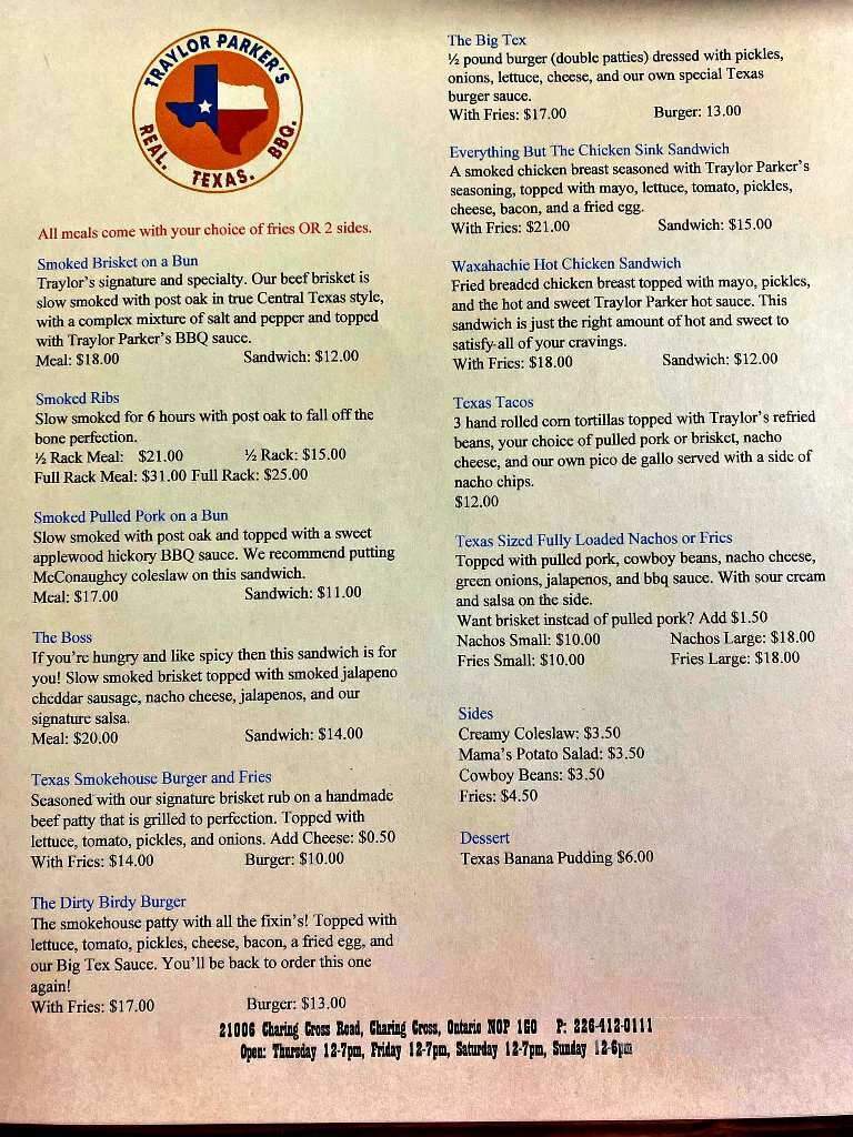 Traylor Parker's Real Texas BBQ - Charing Cross, ON menu_pic