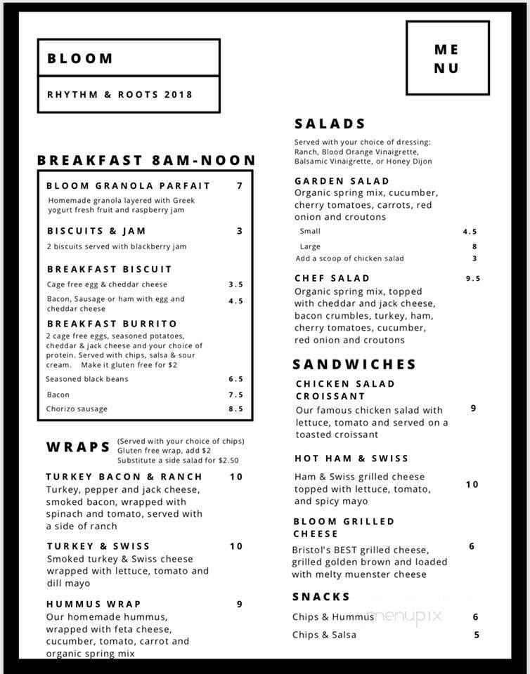Bloom Cafe And Listening Room - Bristol, TN menu_pic