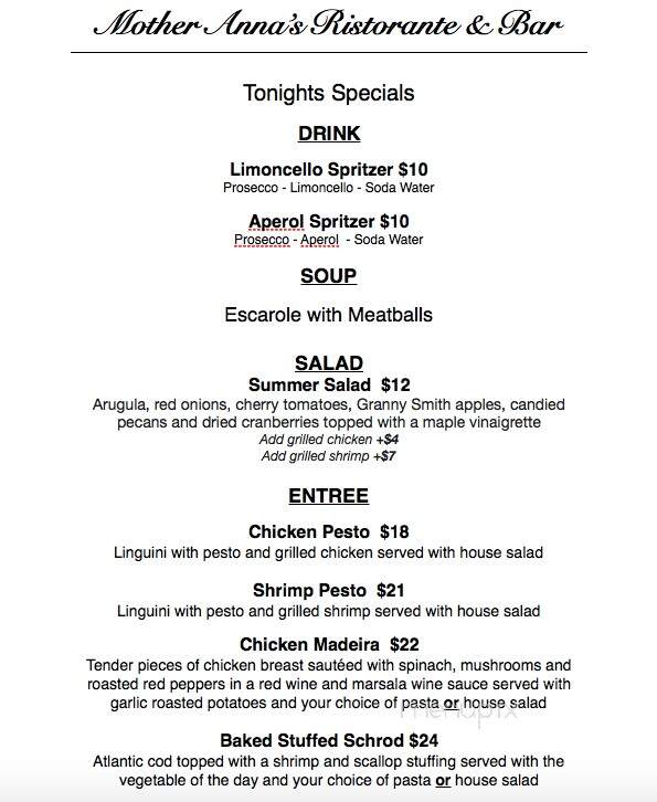 Mother Anna's Restaurant and Bar - Pembroke, MA menu_pic