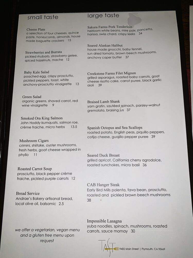Taste Restaurant - Plymouth, CA menu_pic