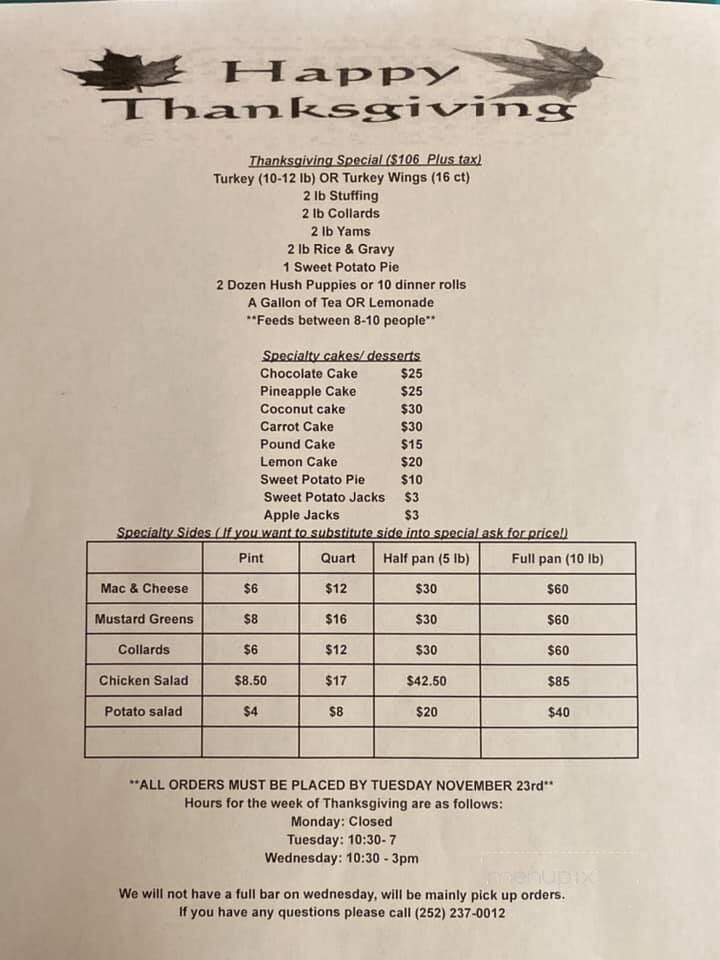 Sylvia's Family Restaurant - Wilson, NC menu_pic