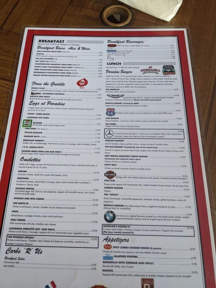 Paradise Valley Cafe - Anza, CA menu_pic