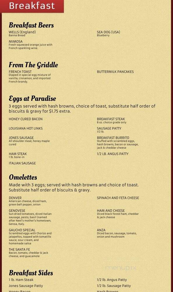 Paradise Valley Cafe - Anza, CA menu_pic