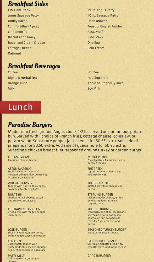 Paradise Valley Cafe - Anza, CA menu_pic