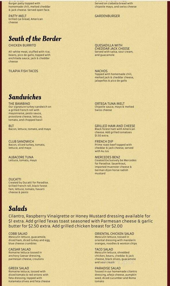 Paradise Valley Cafe - Anza, CA menu_pic