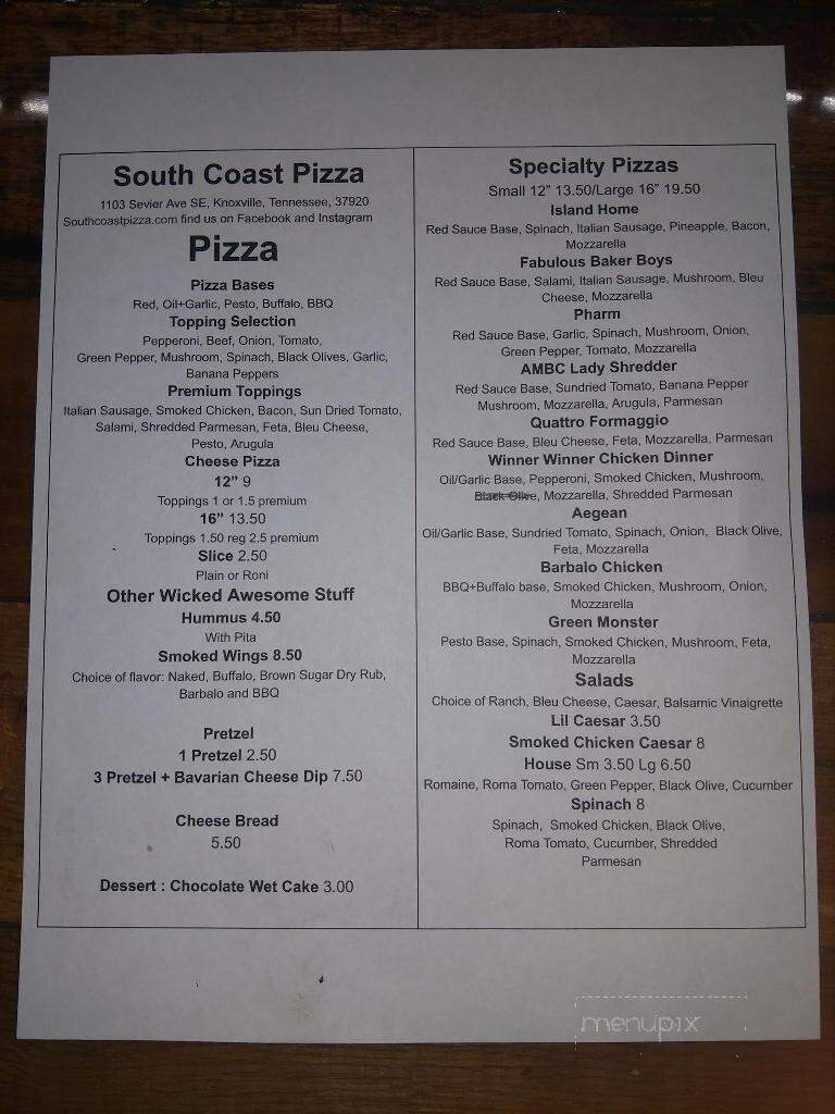 South Coast Pizza - Knoxville, TN menu_pic