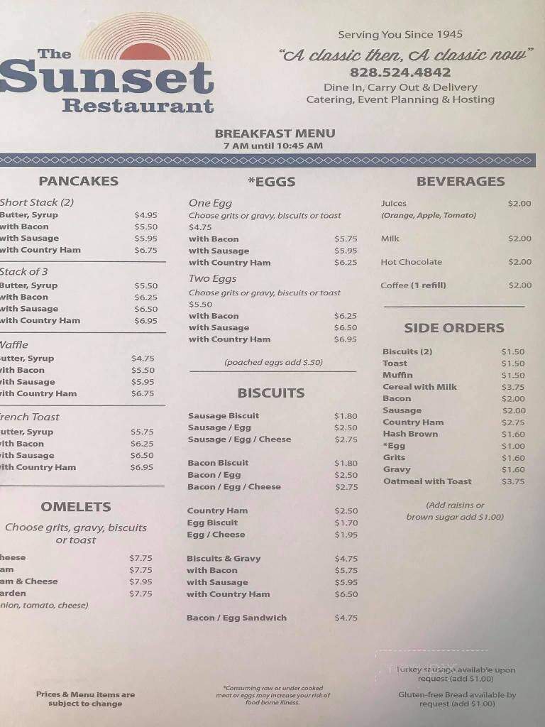Sunset Restaurant - Franklin, NC menu_pic
