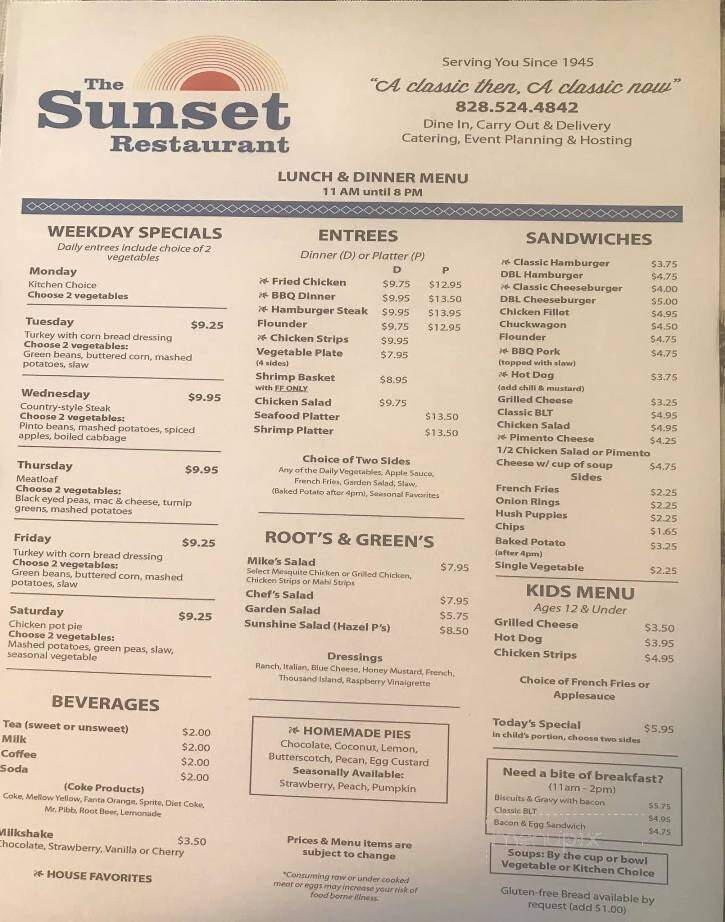 Sunset Restaurant - Franklin, NC menu_pic