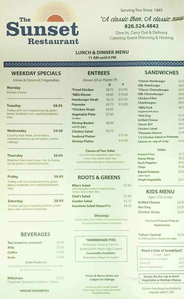 Sunset Restaurant - Franklin, NC menu_pic