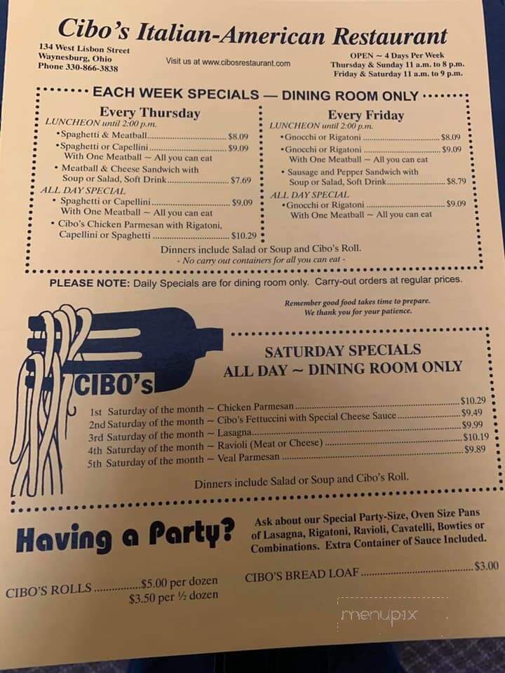 Cibo's - Waynesburg, OH menu_pic