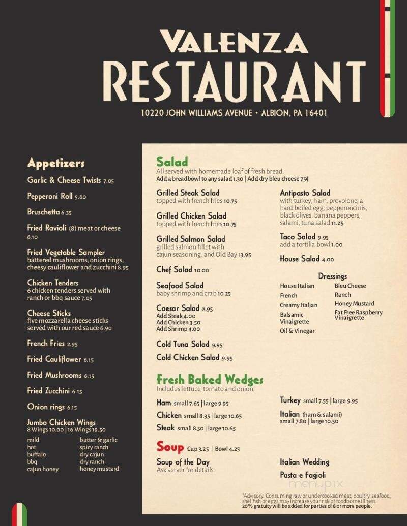 Valenza Restaurant - Albion, PA menu_pic