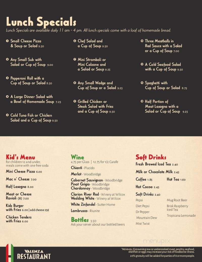 Valenza Restaurant - Albion, PA menu_pic