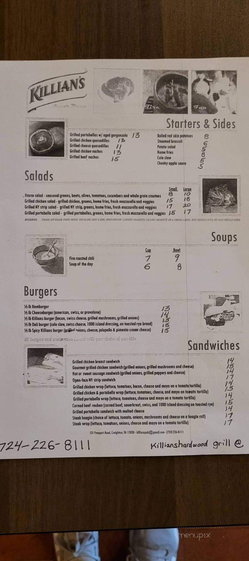 Killian's Hardwood Grill - Creighton, PA menu_pic