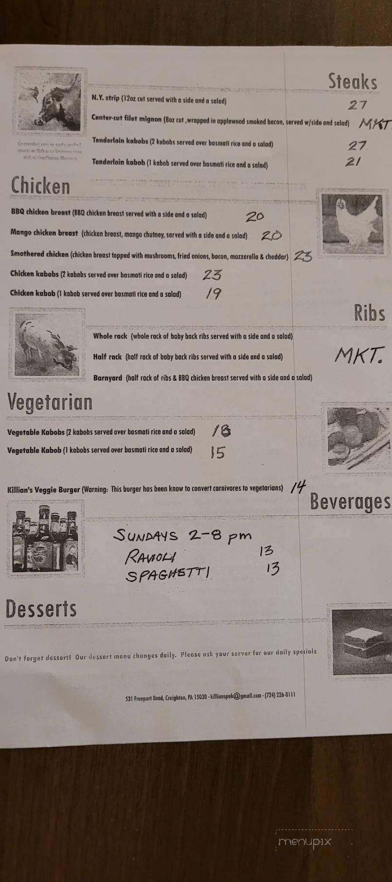 Killian's Hardwood Grill - Creighton, PA menu_pic