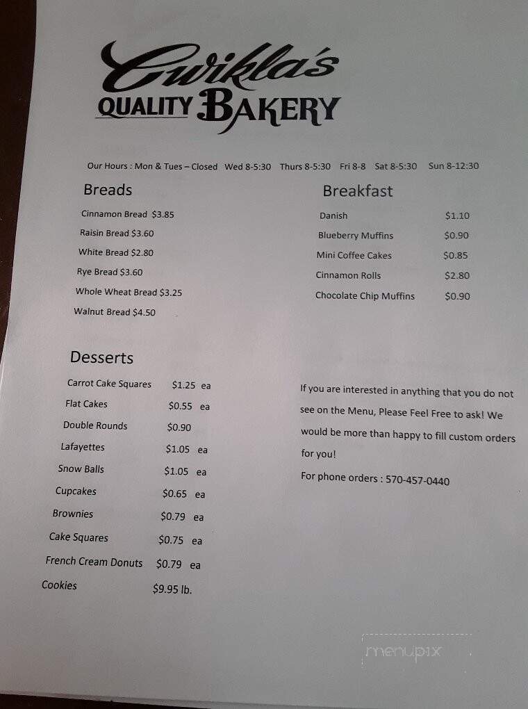 Cwikla's Quality Bakery - Avoca, PA menu_pic
