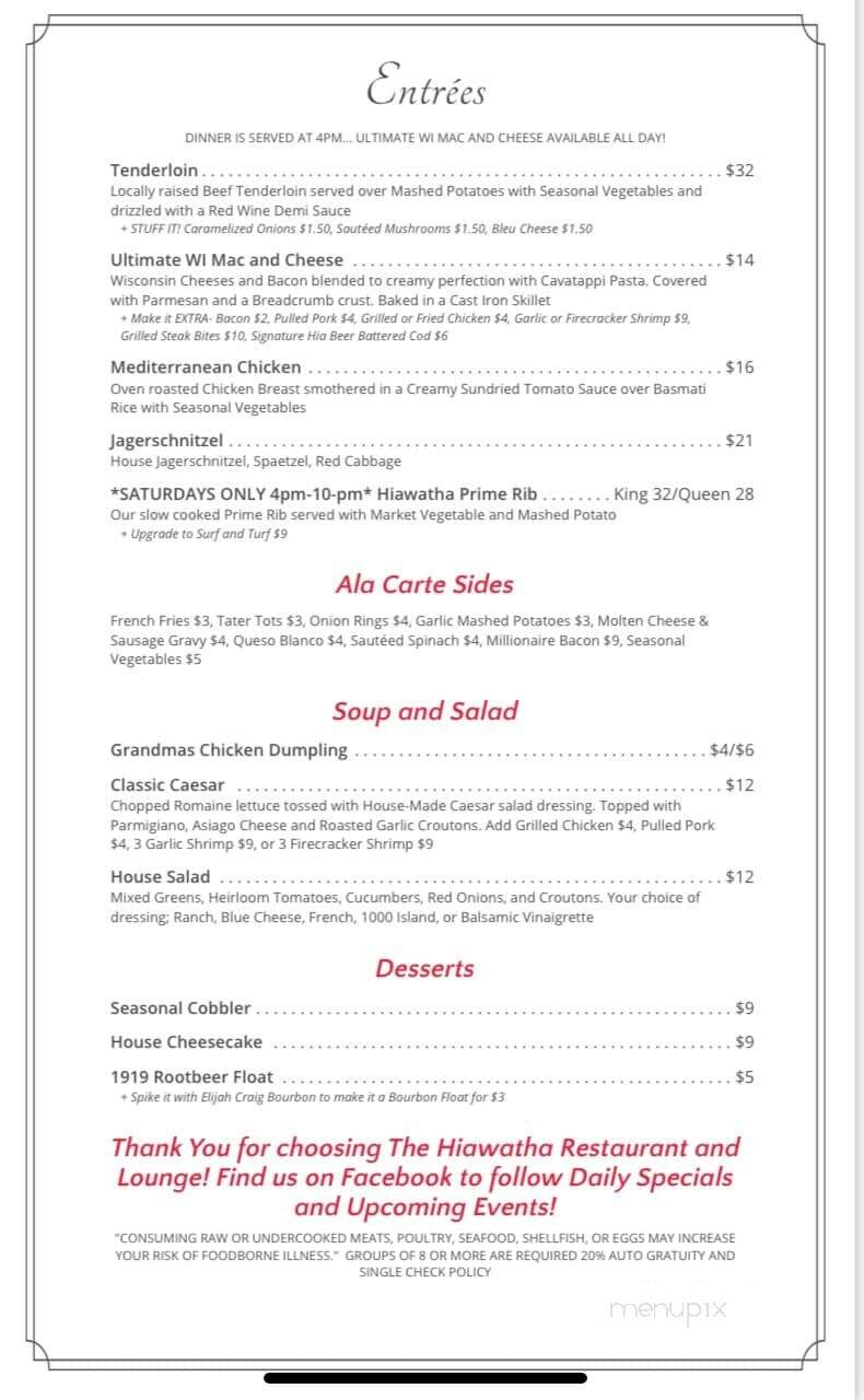 Hiawatha Restaurant & Lounge - Wausau, WI menu_pic