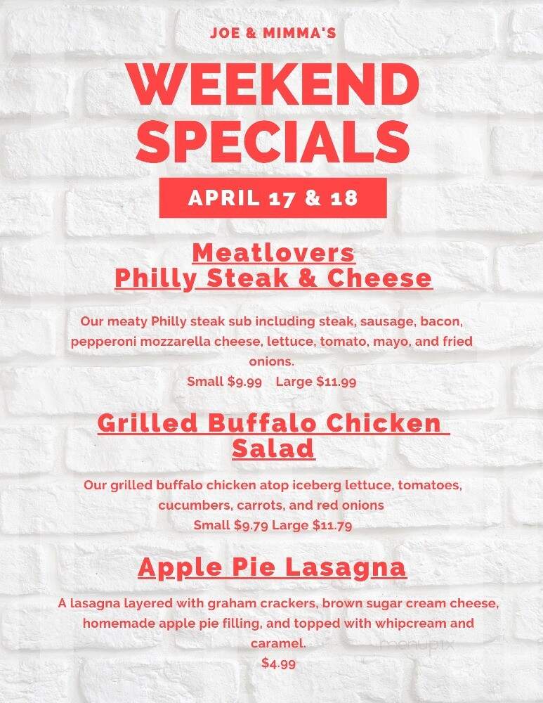 Joe & Mimma's Italian Pizza - Yorktown, VA menu_pic
