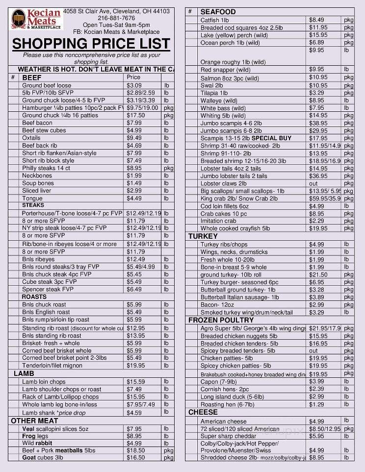 Kocian Meats & Marketplace - Cleveland, OH menu_pic