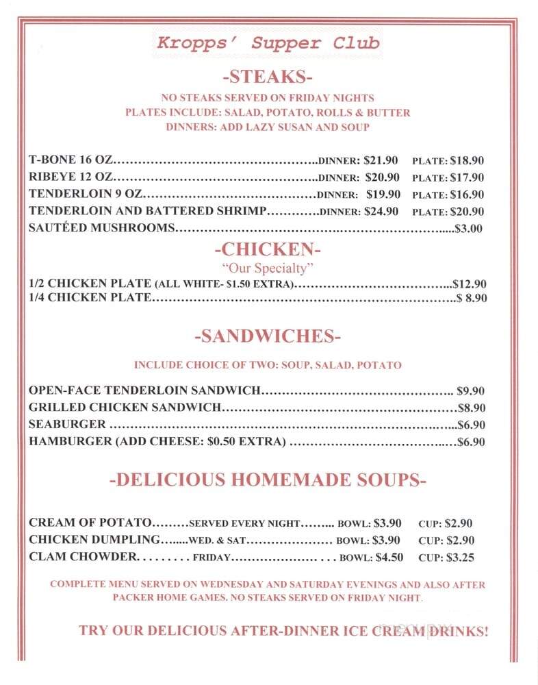 Kropp's Supper Club - Green Bay, WI menu_pic