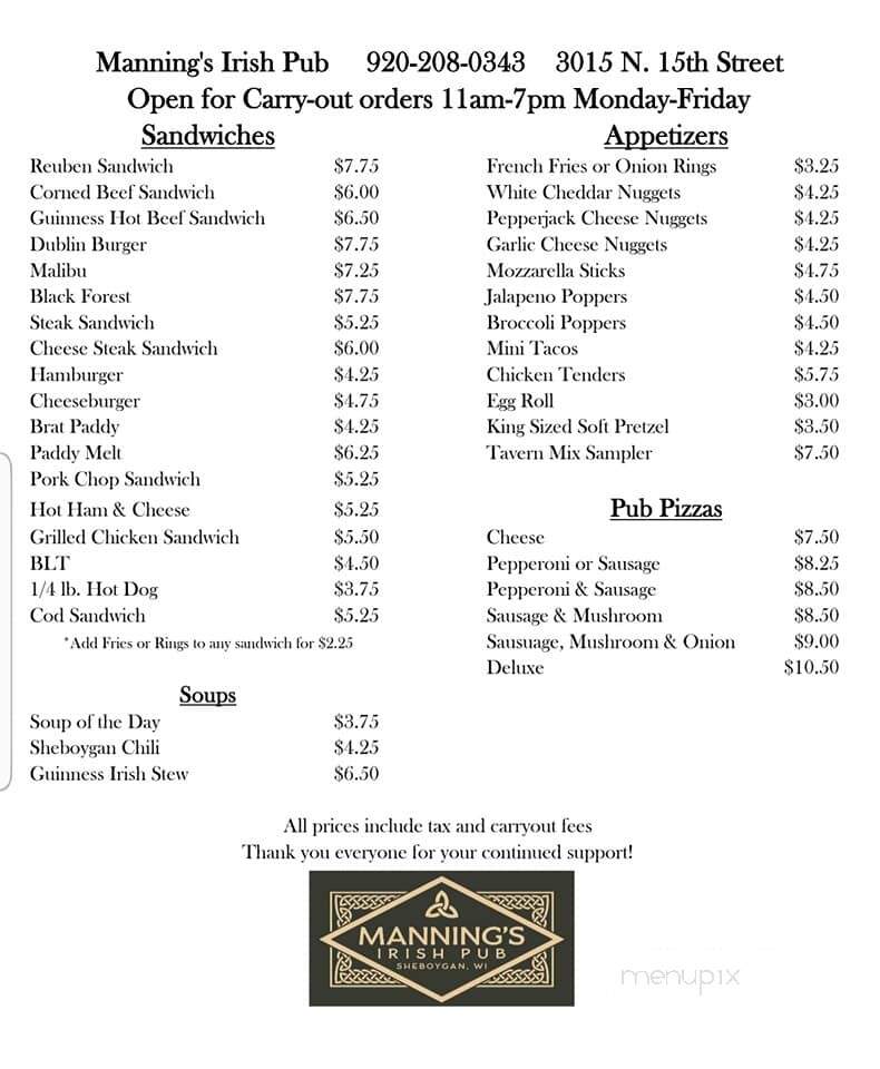 Manning's Irish Pub - Sheboygan, WI menu_pic