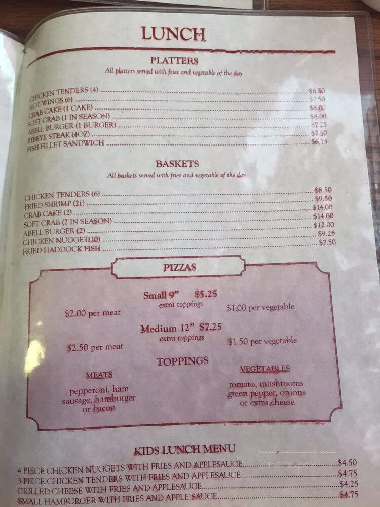 Abell's Restaurant - Clements, MD menu_pic