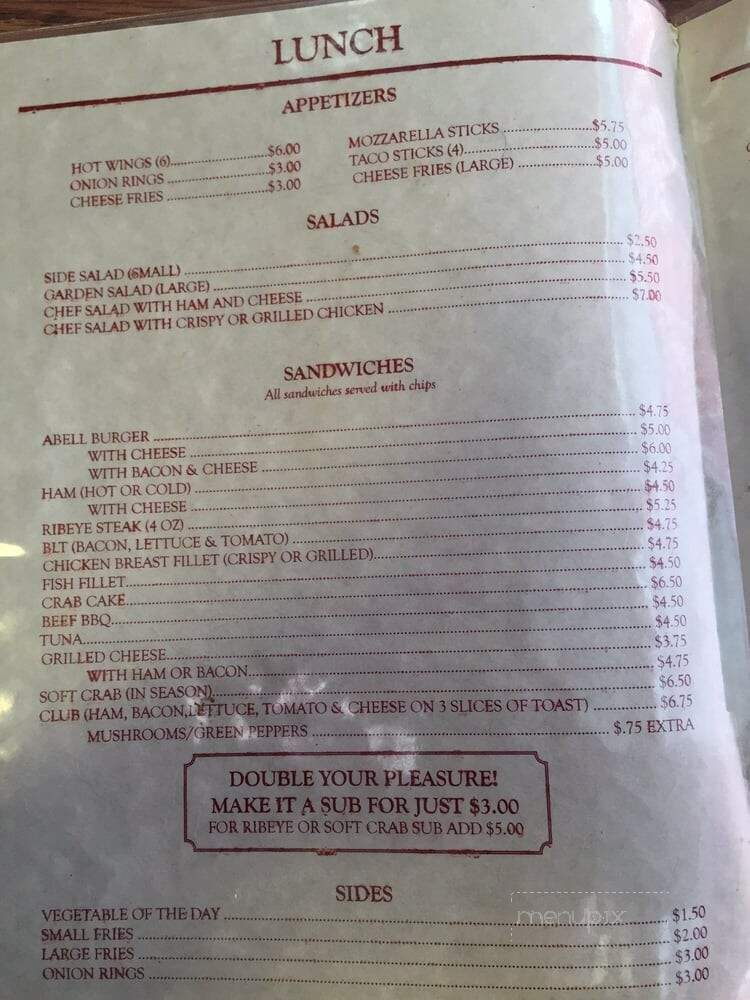 Abell's Restaurant - Clements, MD menu_pic