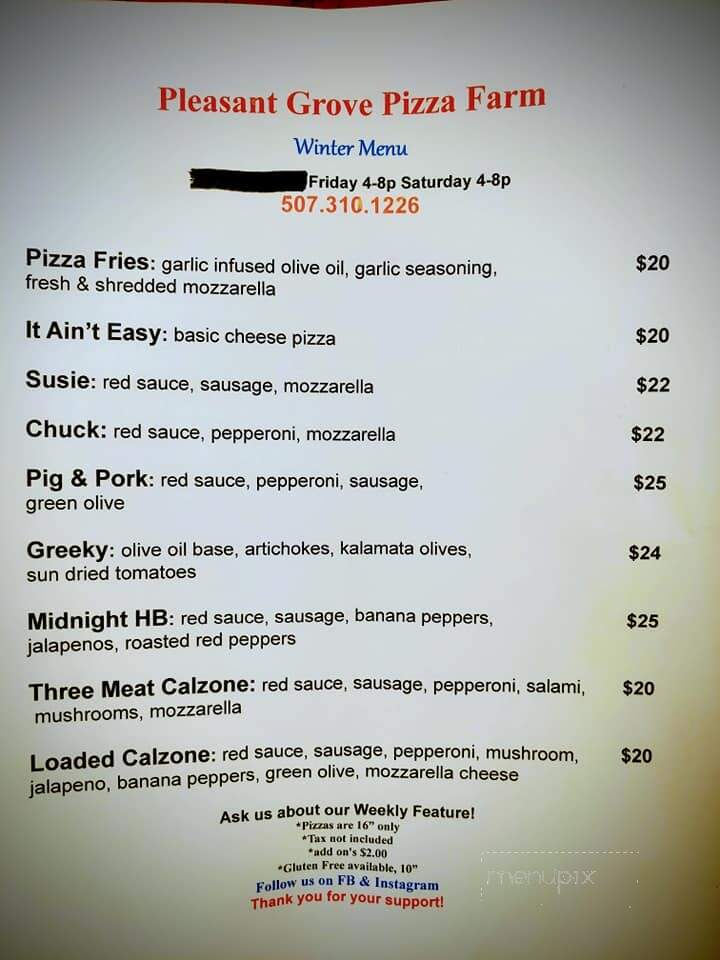 Pleasant Grove Pizza Farm - Waseca, MN menu_pic