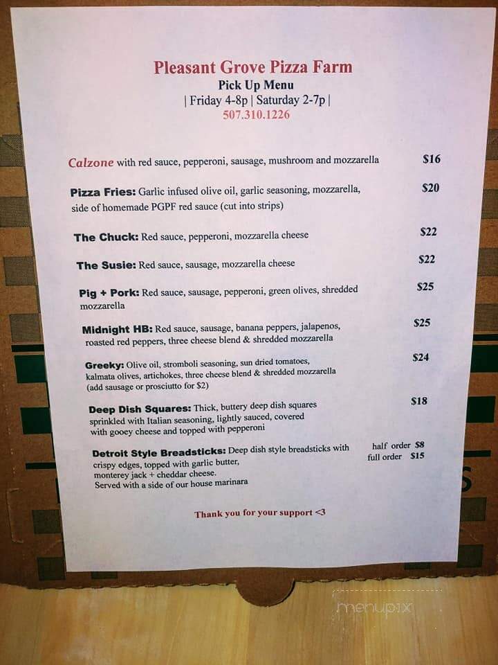 Pleasant Grove Pizza Farm - Waseca, MN menu_pic