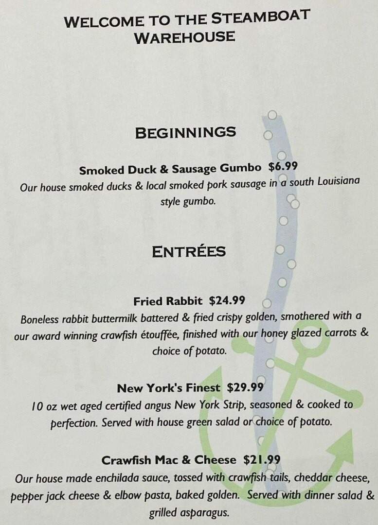 Steamboat Warehouse Restaurant - Washington, LA menu_pic