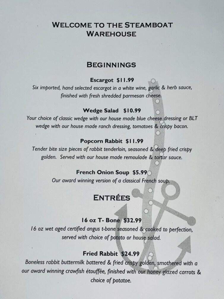 Steamboat Warehouse Restaurant - Washington, LA menu_pic