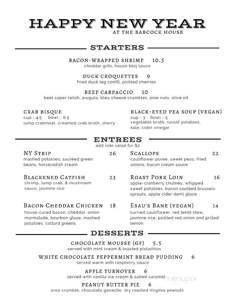 Babcock House - Appomattox, VA menu_pic
