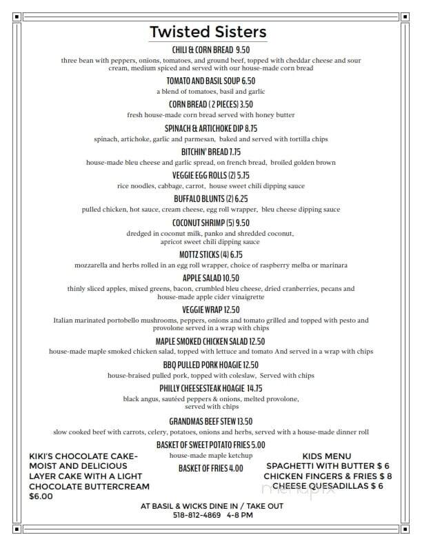 Basil and Wick's Restaurant & Bar - North Creek, NY menu_pic