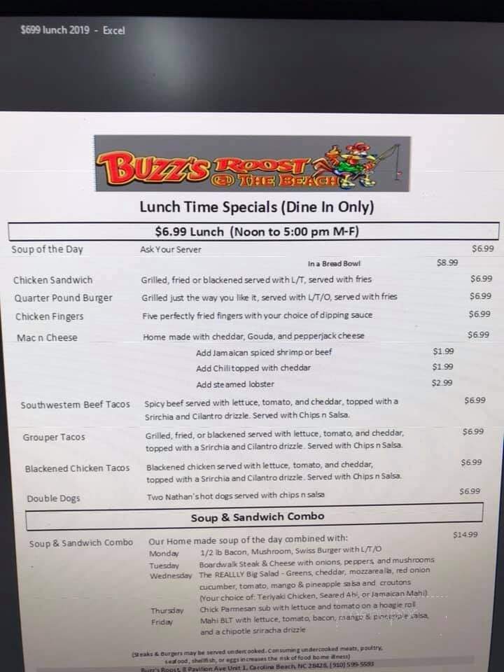 Buzz's Roost - Carolina Beach, NC menu_pic