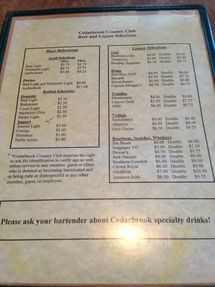 Cedarbrook Country Club Restaurant - State Road, NC menu_pic