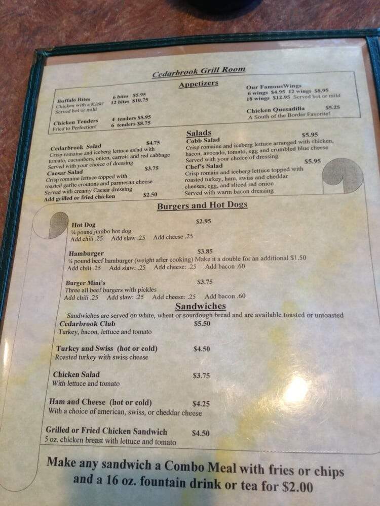 Cedarbrook Country Club Restaurant - State Road, NC menu_pic