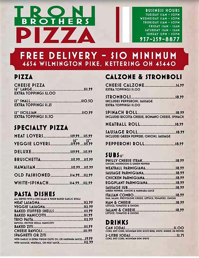 Troni Brothers Pizza - Kettering, OH menu_pic