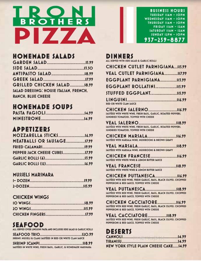 Troni Brothers Pizza - Kettering, OH menu_pic