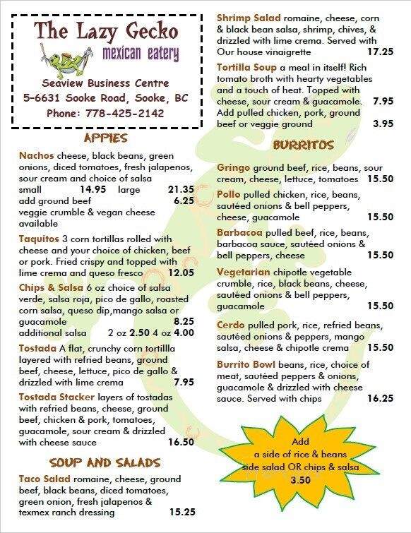 The Lazy Gecko - Sooke, BC menu_pic