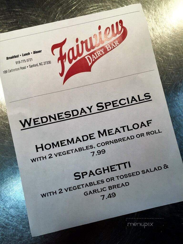 Fairview Dairy Bar - Sanford, NC menu_pic