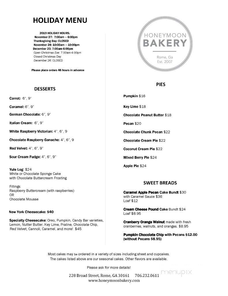 Honeymoon Bakery - Rome, GA menu_pic